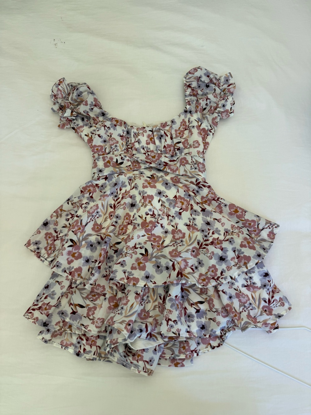 Altar'd State Cream Floral Ruffle Romper with Pink & Mauve Blooms